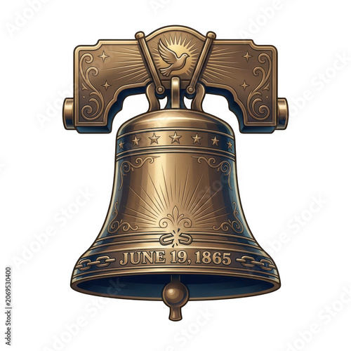 Juneteenth freedom bell illustration with June 19 1865 text engraving, broken chains, and a flying dove, vintage bronze liberty bell concept asset isolated on transparent background
