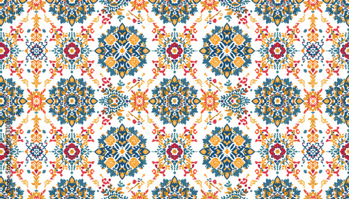 Intricate and colorful geometric pattern with floral motifs in a traditional ikat style.