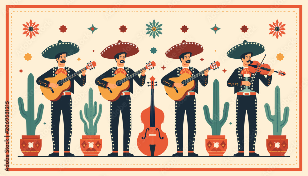 Obraz premium A vibrant illustration of a mariachi band playing music in a festive setting with cacti and traditional Mexican decor.