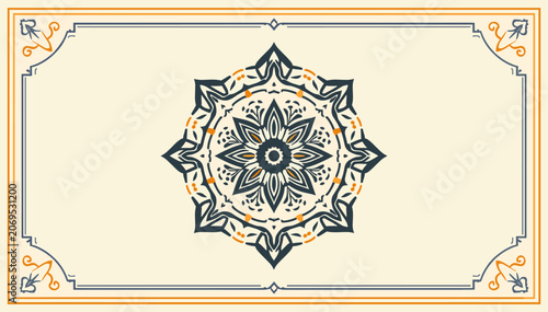 Intricate mandala design with floral and geometric patterns in warm beige and dark blue tones, set against a cream background with decorative borders.