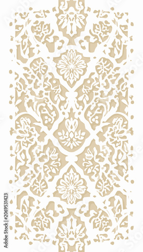 Bilde på lerret A detailed, elegant, and symmetrical decorative pattern featuring intricate floral and foliate motifs in a light beige and white color scheme, suitable for borders or backgrounds