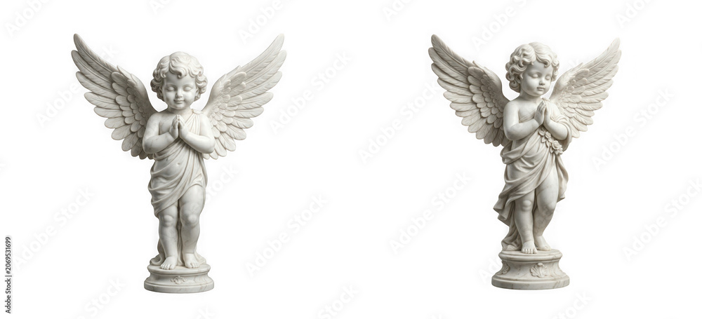 Naklejka premium Two white marble cherub statues with wings praying, isolated on transparent background