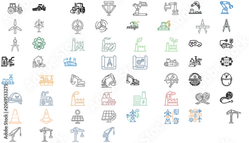 60 Industry Energy and Construction Vector Icon Set and Bundle featuring Minimalist Symbols for Tractors, Robotic Arms, Wind Turbines, Engineering Equipment, and Industrial Machinery.