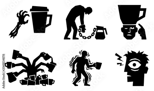 Foto Coffee addiction and office burn out icon set