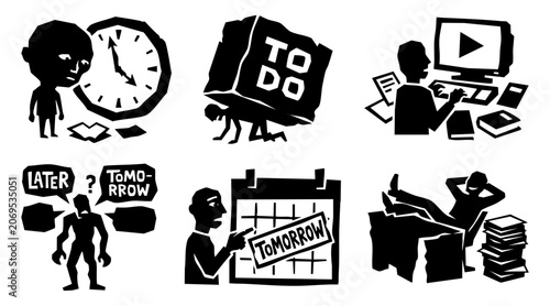 Bild auf Leinwand Procrastination and heavy workload icon set