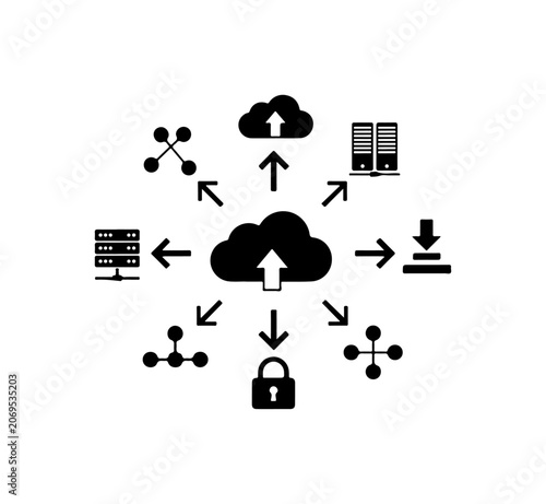 Cloud computing, network security icons, data storage symbols, cybersecurity graphics, black vector set
