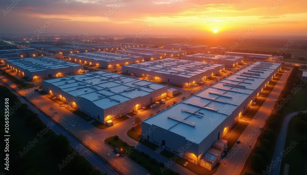 Fototapeta premium Vast modern warehouse complex at sunset. Aerial view shows logistics distribution centers with illuminated exteriors and vast parking lots. Supply chain infrastructure operates at scale.