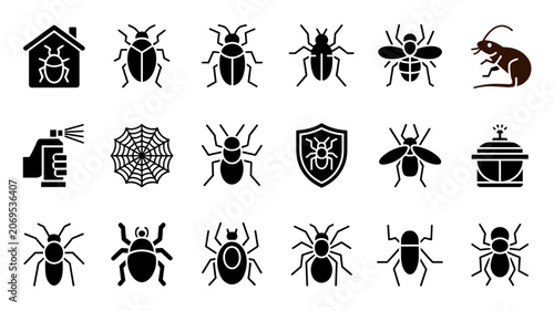 Billede på lærred Pest Control Icons: A collection of black and white graphic icons representing various pests and pest control methods, including insects, spiders, a rodent, spray can, and a trap, organized in a grid