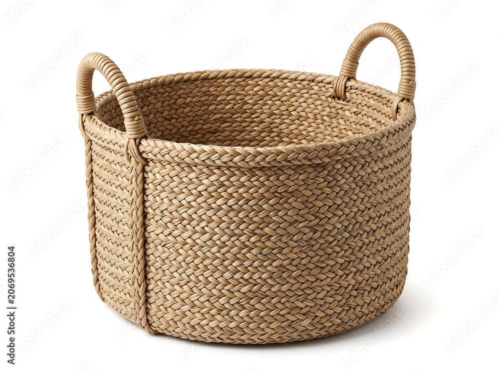 Fototapeta premium Empty Woven Rattan Storage Basket With Handles
