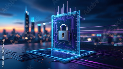 High-Tech Cyber Security Landscape with Neon City Skyline and Blue Golden Circuit Interface