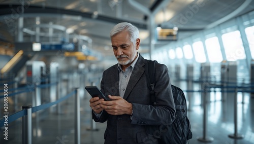 Mature businessman with gray hair using smartphone at modern airport terminal