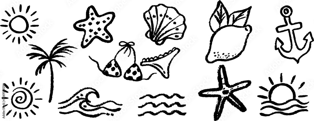 Fototapeta premium Hand drawn summer beach doodle elements set vector illustration with crayon texture charcoal line art icons