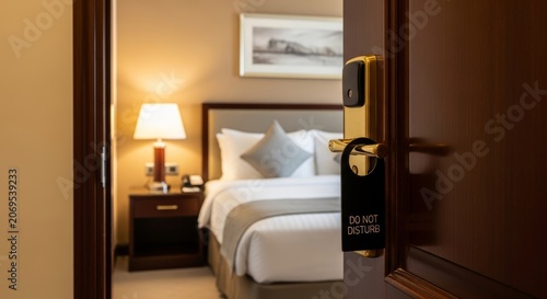 Do not disturb sign hanging on hotel room door handle. Blurred interior of luxury bedroom with made bed and bedside lamp. Vacation travel concept of privacy and relaxation in resort.