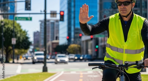 Man cyclist in high visibility vest gesturing hand stop signal on urban road. Commuter riding bicycle in city traffic. Road safety, awareness, and cycling advocacy for urban commuters.