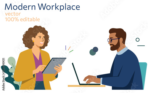 Modern Workplace Vector Illustration with Business Professionals Collaborating, Office Teamwork, Digital Communication and Corporate Work Environment