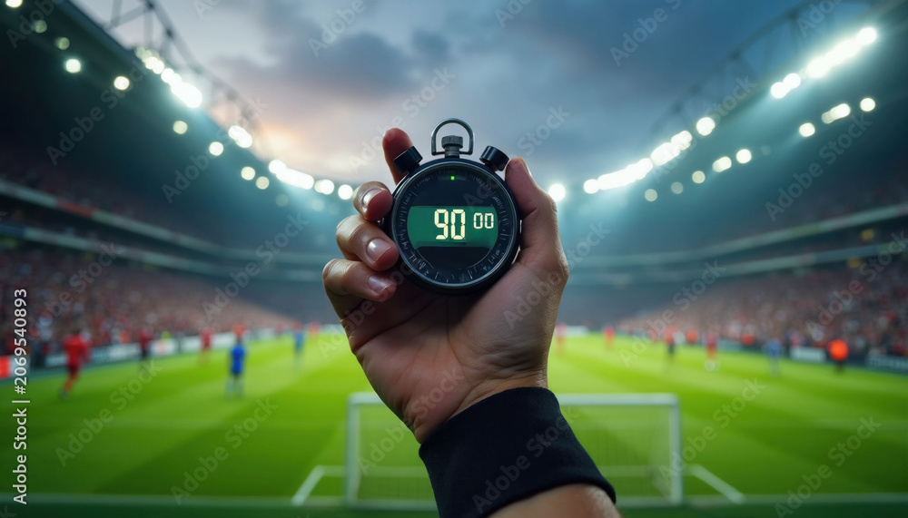 Naklejka premium Referee hand holds stopwatch showing 90 minutes. Blurred football stadium crowd and players on green field. Match end clock, timing game action, sport competition.
