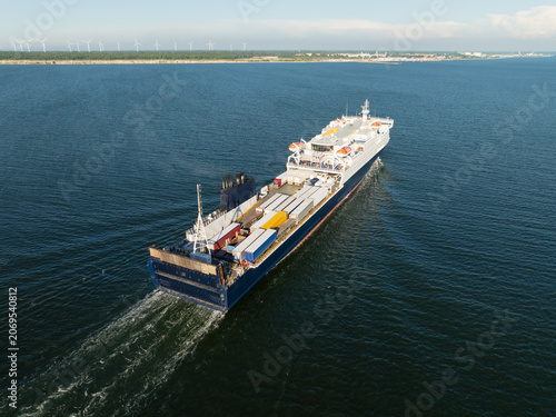Φωτογραφία Drone aerial view of Ro-Pax passenger cargo ferry ship sailing in Baltic Sea fai