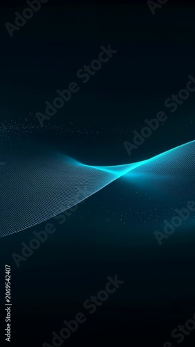 Vertical video: Flowing teal mesh wave moving right on dark screen play starting creating halo