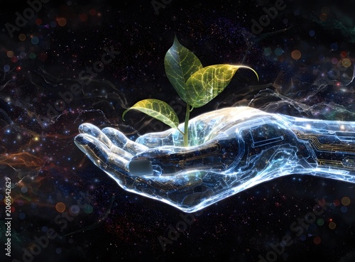 Hand holding a small green plant against space background
