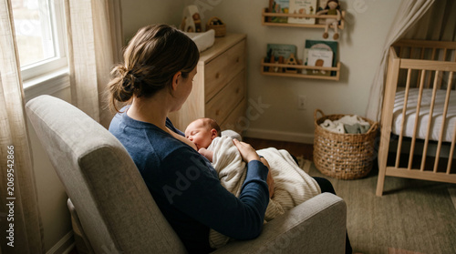 Mother in blue sweater seen from behind cradling and nursing her sleeping newborn in a cozy lit nursery with crib and wooden furniture, perfect for maternity and motherhood content.