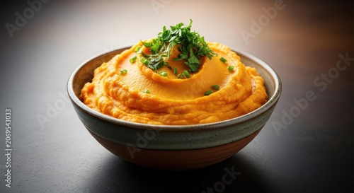 Creamy mashed sweet potatoes served in a rustic bowl, topped with vibrant green fresh herbs, perfect healthy side dish, fresh, cooking, dinner