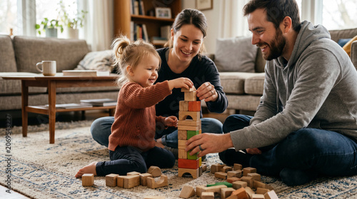 Young parents and toddler daughter playing together with colorful wooden building blocks on a warm living room rug, ideal for family bonding and early childhood content.