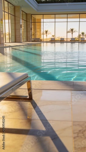 Vertical video: Panning camera revealing sunlit aqua pool at luxury interior spa, showing lounger
