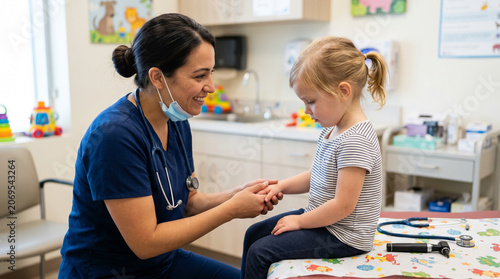 Pediatric nurse in dark blue scrubs holding and examining a young girl's hands in a cheerful children's medical exam room with toys and colorful decor, great for pediatric healthcare content.