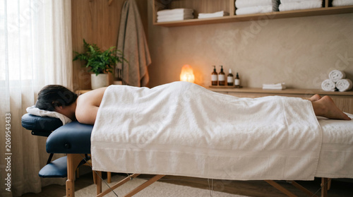 Person lying face-down on a padded massage table under a soft white towel in a warm spa room with salt lamp, essential oils and folded white towels on shelves, ideal for wellness content.