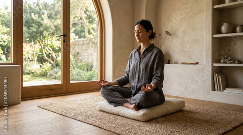 Woman meditating in a lotus position on a meditation cushion in a natural minimalist room with arched French doors opening to a garden, ideal for mindfulness and spiritual wellness content.
