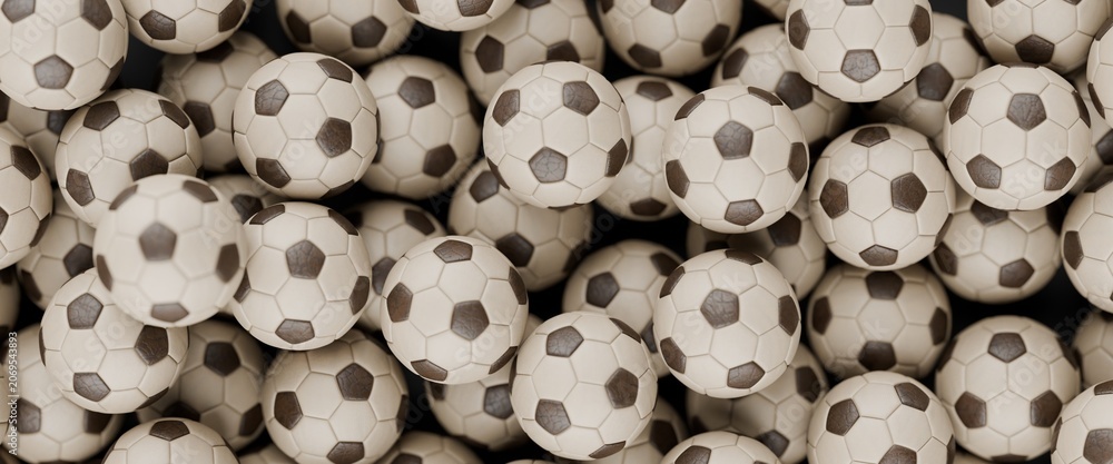 Obraz premium 3d soccer footballs in a pile, world cup soccer balls