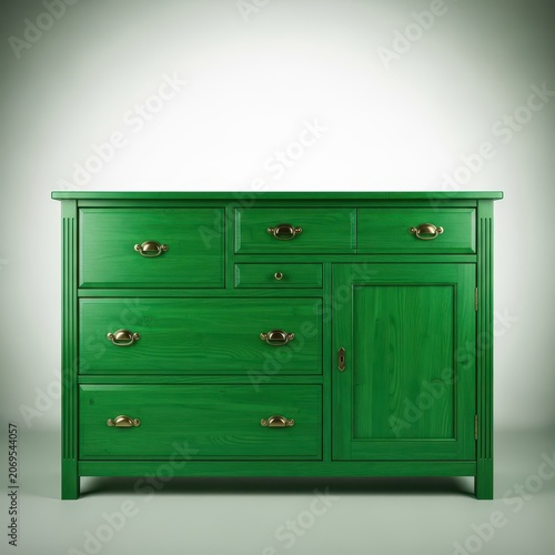 Vintage style emerald green wooden dresser featuring multiple closed drawers and brass hardware, perfect for bedroom storage, bedroom, residential, organization