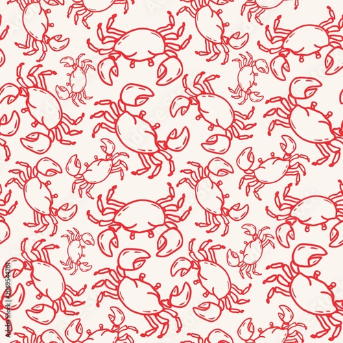 Red Line art Crabs Seamless Pattern, Coastal Nautical Repeat Background, Mediterranean Summer Style