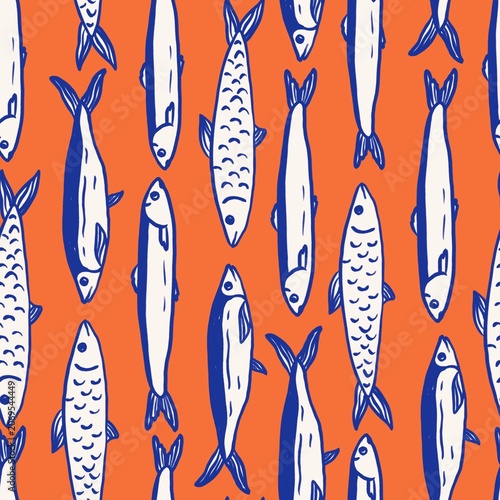 Hand Drawn Sardine Seamless Pattern, Blue line art Coastal Fish Repeat orange Background, Nautical Mediterranean Style