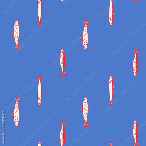 Hand Drawn Sardine Seamless Pattern, Red Coastal Fish Repeat blue Background, Nautical Mediterranean Style