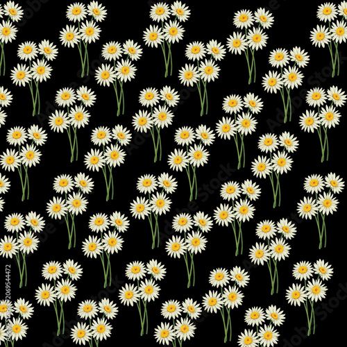 White Daisy Seamless Floral Pattern on Black Background