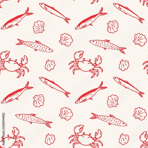 Seamless Seafood Pattern with Fish, Crabs and Seashells in Red Line Art on Light Background