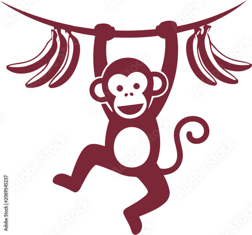 Photography A monkey hangs from a vine with bananas in a natural setting