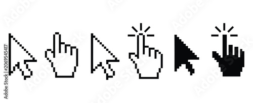 Photos Cursor icon set, colorful mouse pointers, pixel arrow, hand click symbols, classic computer cursor designs, vector illustration