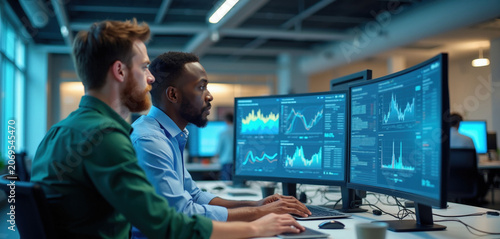 Two analysts work together in modern office analyzing financial data on computer screens. Diverse team discusses charts graphs  strategizing business growth. Teamwork collaboration.