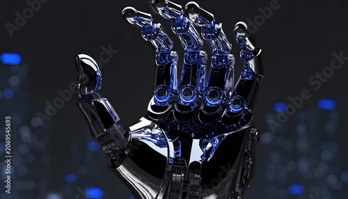 Futuristic robotic hand with glowing blue fingers