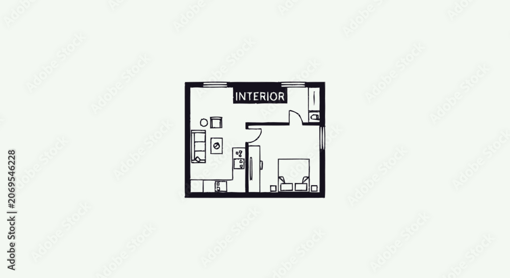 Fototapeta premium Partial minimalist hand-drawn floor plan illustration showing a room l