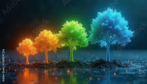Four luminous trees show stages of development from small sapling to large tree. Colors shift from orange through green to blue symbolizing progress. Digital landscape.