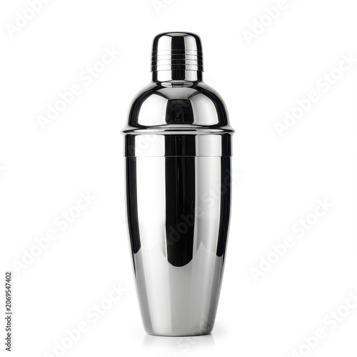 Sleek, reflective metal bar shaker, isolated on a pure white background. Essential equipment for preparing cold mixed beverages and classic drinks, service, mixology, home