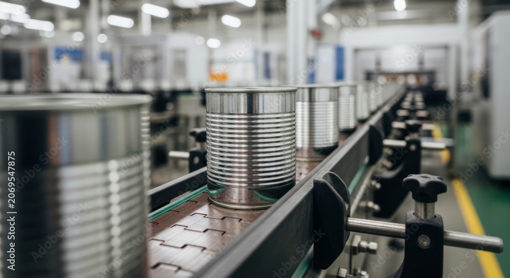 Naklejka premium Shiny tin cans on automated conveyor belt in modern manufacturing facility, efficiency and production line