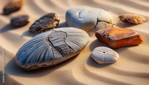 Fossilized Petoskey Stones Laying On Beach Sand