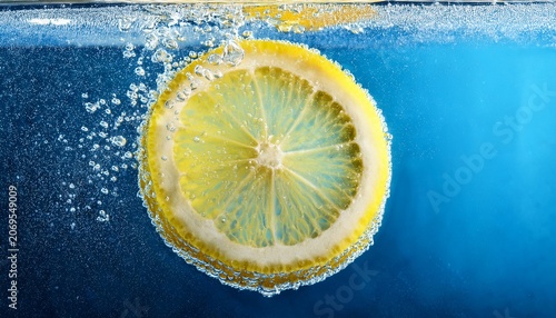 Lemon Piece Immersed In Sparkling Clear Blue Beverage