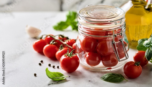Fresh Cherry Tomatoes In Glass Jar With Basil And Olive Oil On Marble