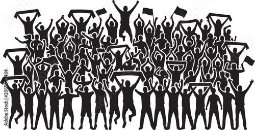 Fotografie Silhouette illustration of a crowd of soccer fans cheering and holding scarves a