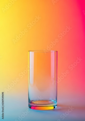 A clear, empty glass vase with a simple cylindrical shape sits against a bright background, ready to hold a beautiful flower bouquet, minimalist, object, smooth